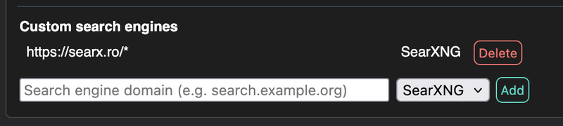 Indie Wiki Buddy's custom search engine settings.