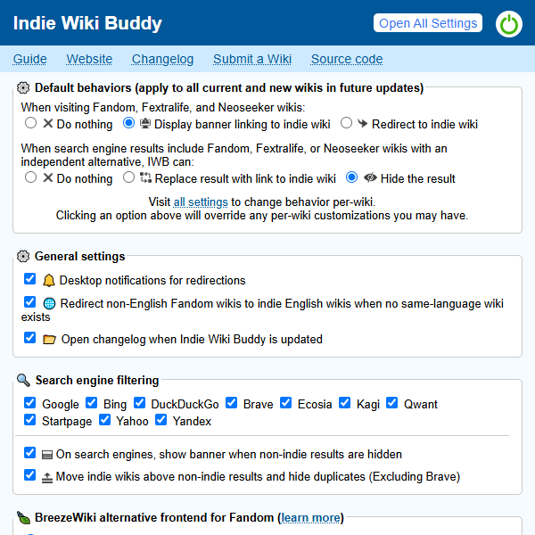 A screenshot of the Indie Wiki Buddy popup settings