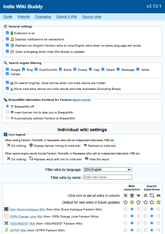 A screenshot of the Indie Wiki Buddy settings screen