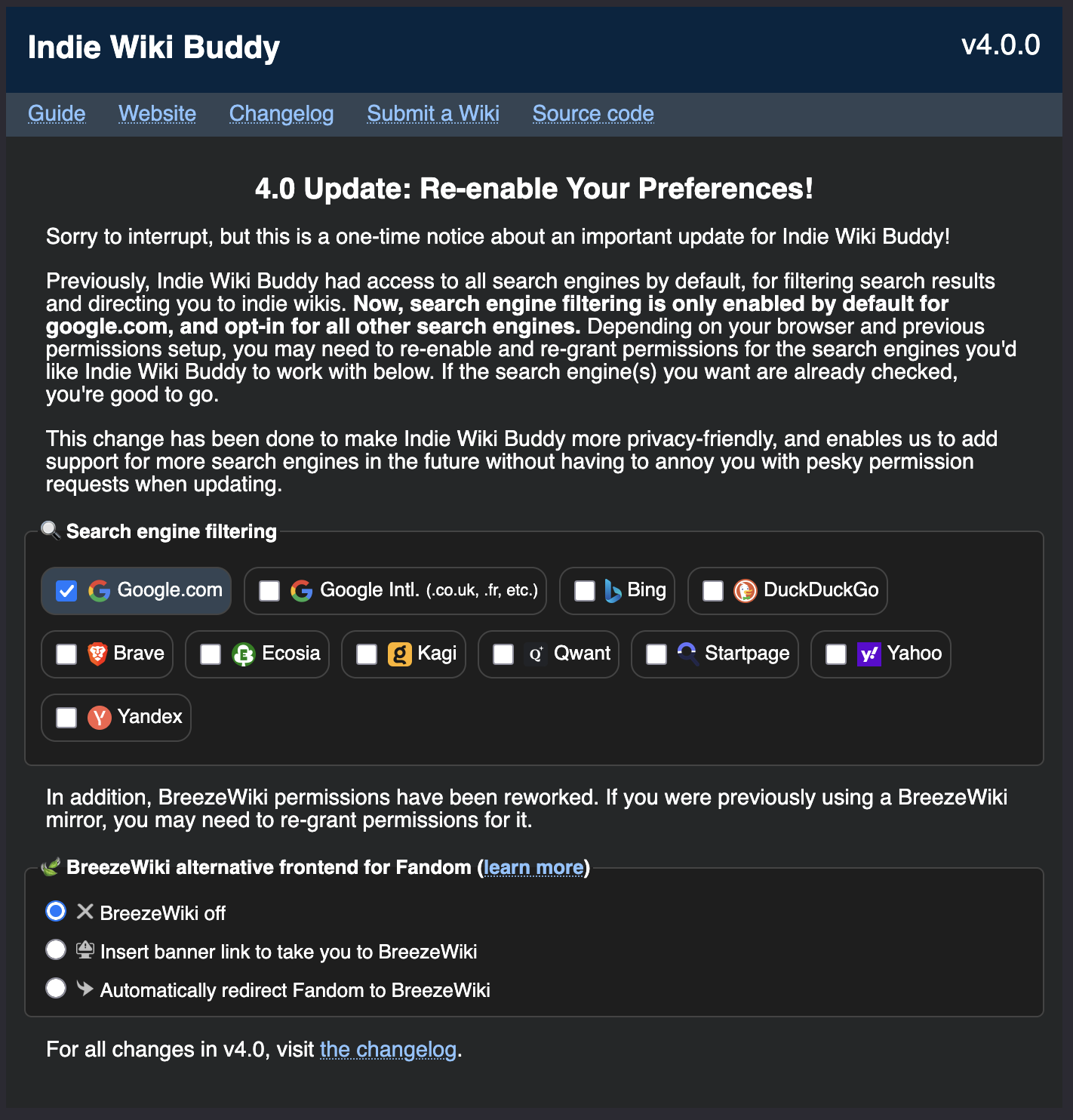 Indie Wiki Buddy's permissions update page, listing search engines to re-enable.