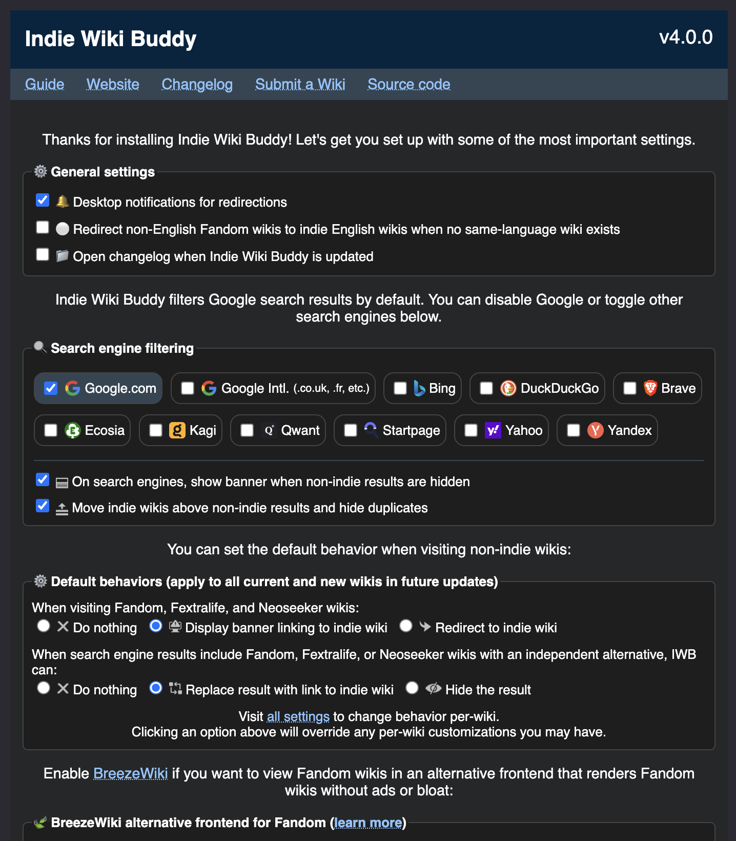Indie Wiki Buddy's welcome page, shown when the extension is first installed.